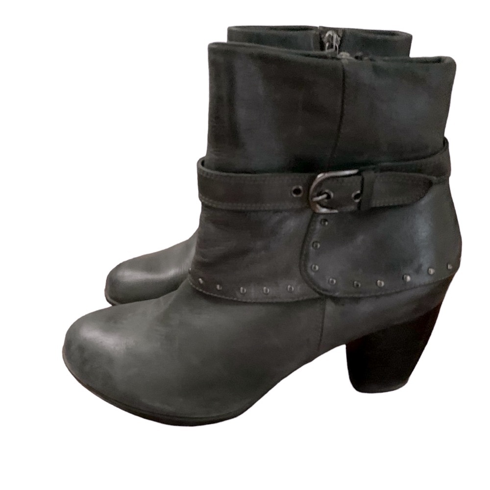 Blondo Leather Ankle Boots Dark Grey Block Heel Almond Toe Zip Up Women Size 8